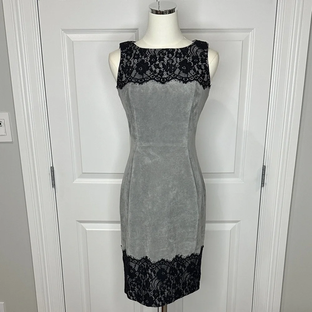 Calvin Klein Grey Faux Suede Lace Sleeveless Sheath Fitted Midi Dress Size 4